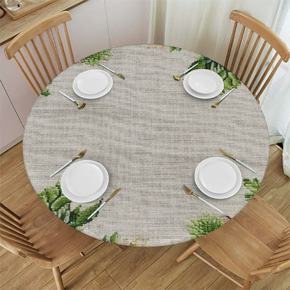 RUIYC Christmas Fitted Round Table Cloth,XMAS Retro Linen Tablecloth Waterproof Table Cover for Table,Black Plaid Circular Table Cloth Elastic for Kitchen Picnic White