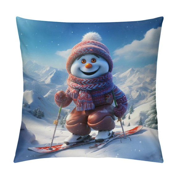 JEUXUS Christmas Pillow Sham, Snow Covered Mountain with Fir Trees and Skiing Snowman Fun Holiday Activity, Decorative Standard Size Printed Pillowcase, White Teal