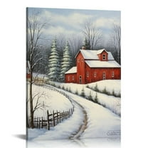 JEUXUS Christmas Red Barn Winter, 16x20-Inch Canvas Wall Art for Living Room Bedroom Kitchen Office