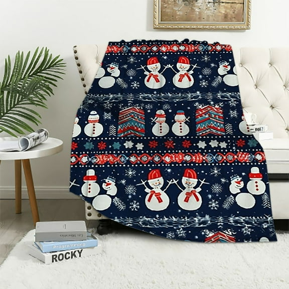 JEUXUS Christmas Snowman Throw Blanket | Blue Holiday Christmas Blanket | Soft, Plush, Warm Winter Cabin Throw,