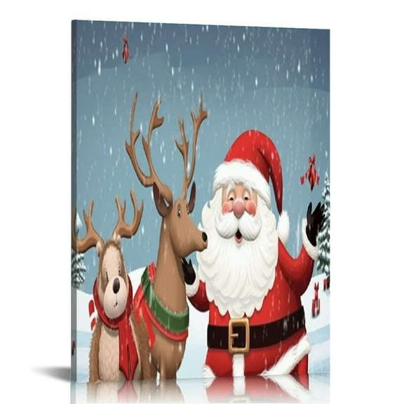 JEUXUS Christmas Style Santa Claus with Reindeer Modern Abstract Canvas Art Wall Decor Artwork Picture Framed Oil Painting for Bedroom Living Room Bathroom Office Home Decoration,16x20in