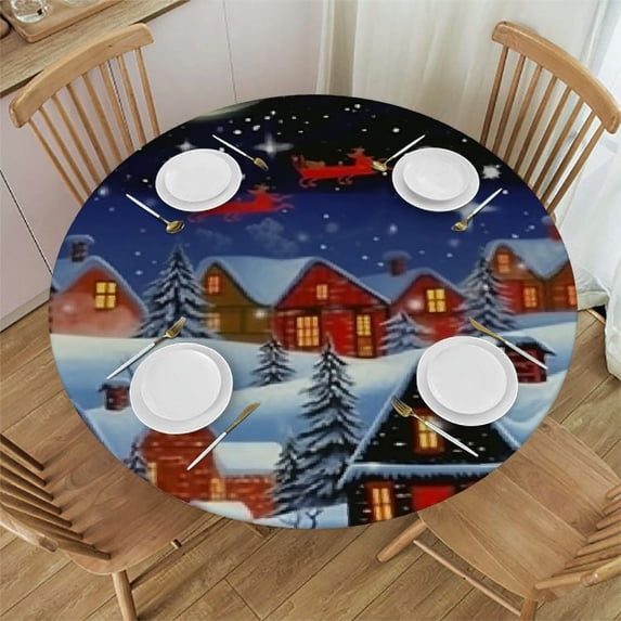 JEUXUS Christmas Tree Elastic Edged Table Cover Round, Christmas Snowflake Fitted Tablecloth, Outdoor & Indoor, Picnic, Patio, Lodge Party Decor Present,