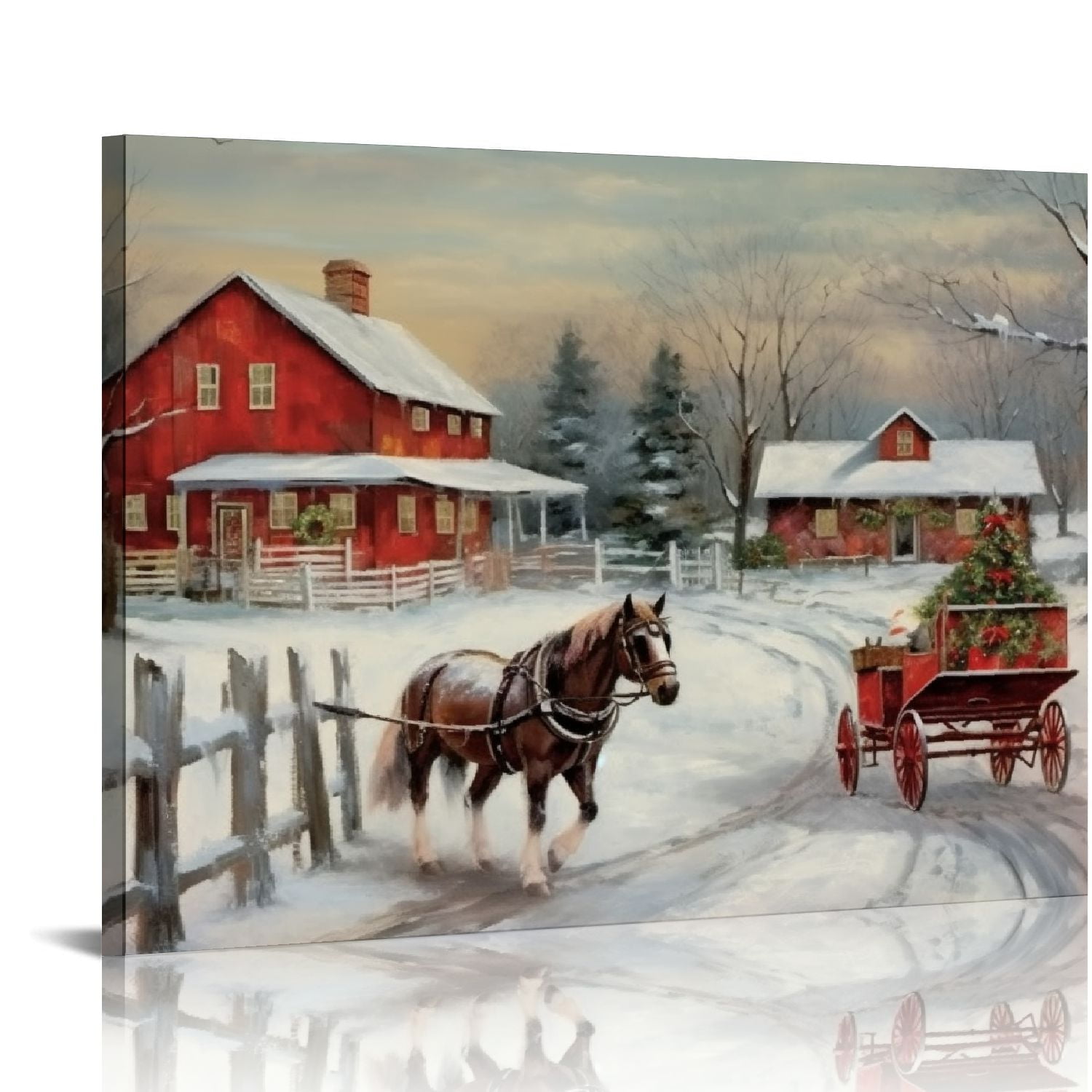 JEUXUS Christmas Tree Farm Wall Art, Country Winter Scene with Red Barn, Charming Decorations