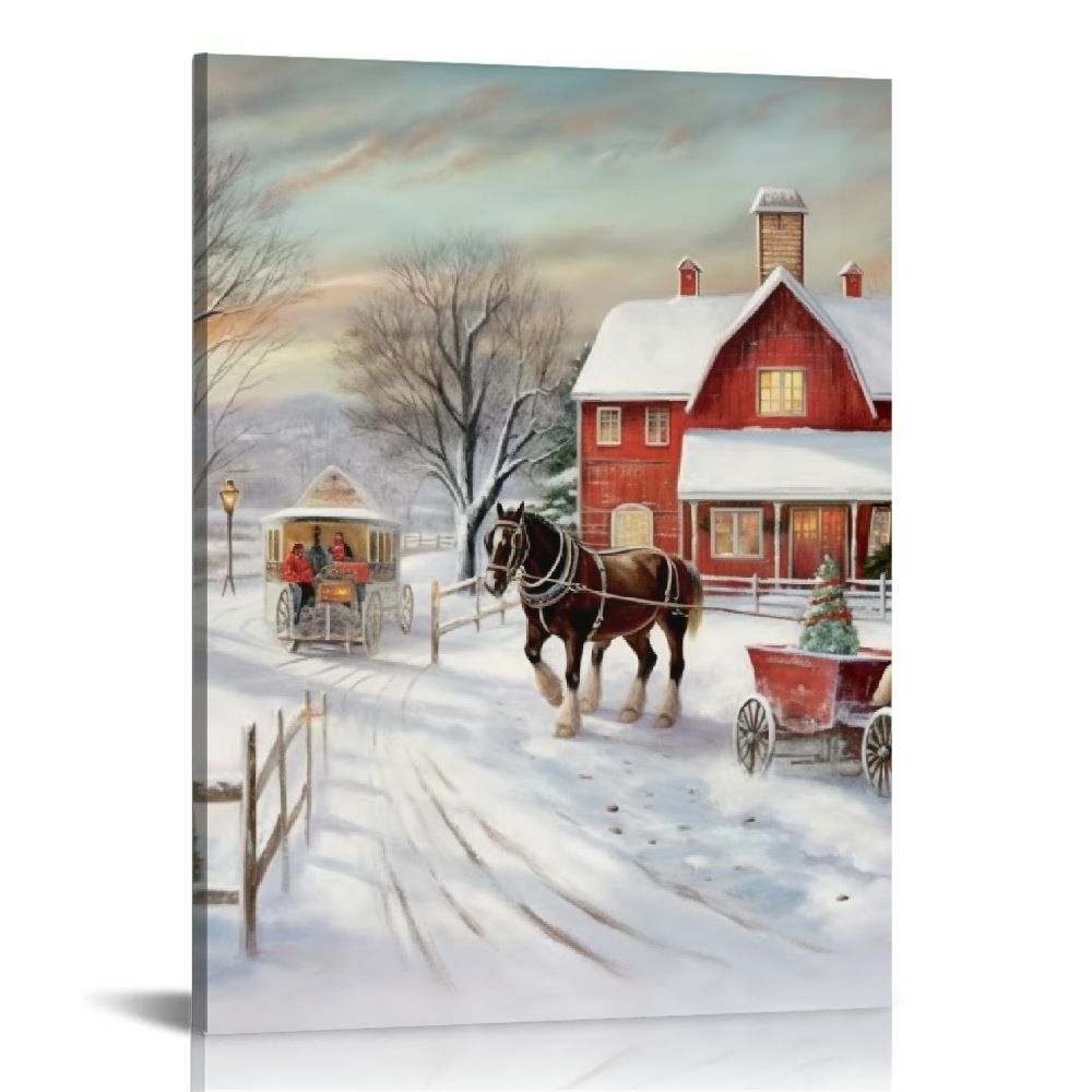 JEUXUS Christmas Tree Farm Wall Art, Country Winter Scene with Red Barn, Charming Decorations