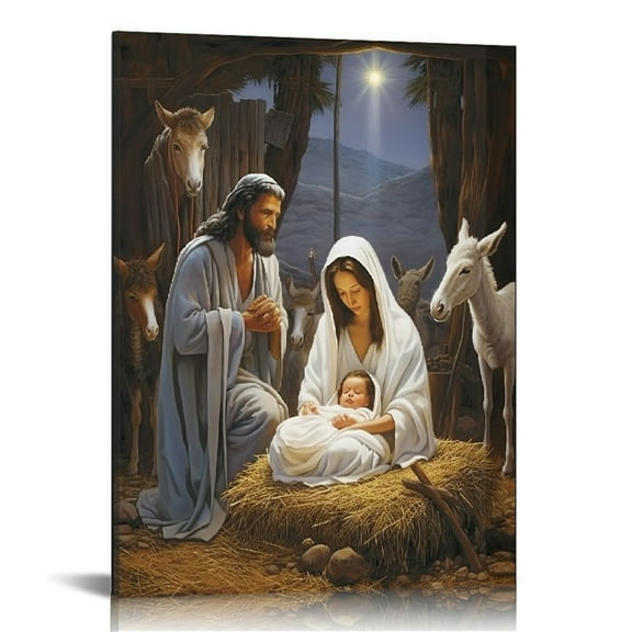 JEUXUS Christmas Wall Art Canvas Print,Nativity Scene Picture Jesus in a Manger Paninting Artwork Stretched and Framed Ready to Hang for Wall Decor 16x20 in