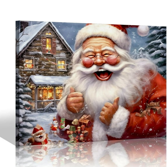 JEUXUS Christmas Wall Art Snowman Santa Claus Wall Decor Farmhouse Watercolor Deer Red Truck Canvas Pictures for Living Room Bedroom Christmas Decor Winter Scenery Painting Artwork