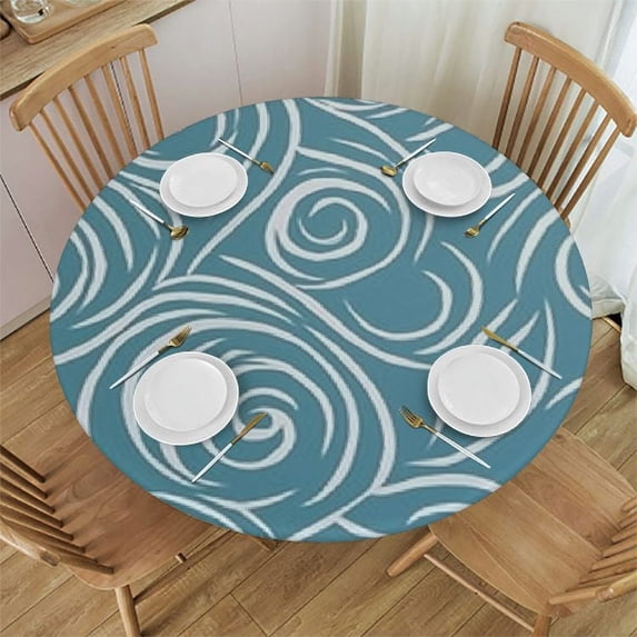 JEUXUS  Circular Table Cover Design Decoration Abstract Victorian Style Floral Leaves Table Cloth Wipe Clean Table Cover for Indoor and Outdoor Aqua