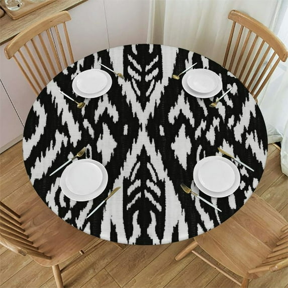 JEUXUS Circular Table Cover Resistant Geometric Abstract Pattern Design Round Elastic Table Cloth Waterproof Oil Proof Table Cover Tribal Decor Black White