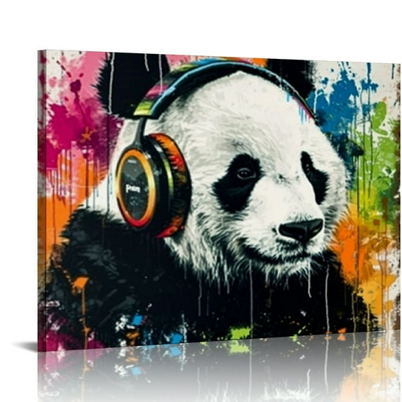 JEUXUS Colorful Animal Wall Art Funny Cute Bear Monkey with Headphone Canvas Prints Pictures Nursery Room Decor Cartoon Penguin Panda Paintings Artwork for Kids Bedroom Bathrooom Home Decoration