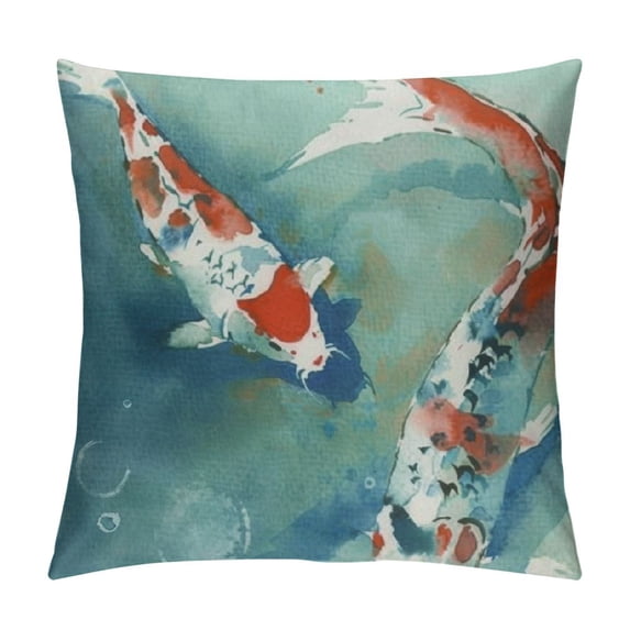 JEUXUS Colorful Carp Fish Japanese Symbol Pond Watercolor Painting Orange Asian Rustic Farmhouse Decorative Throw Pillow Cover Square Cushion Case for Home Sofa Couch Decoration