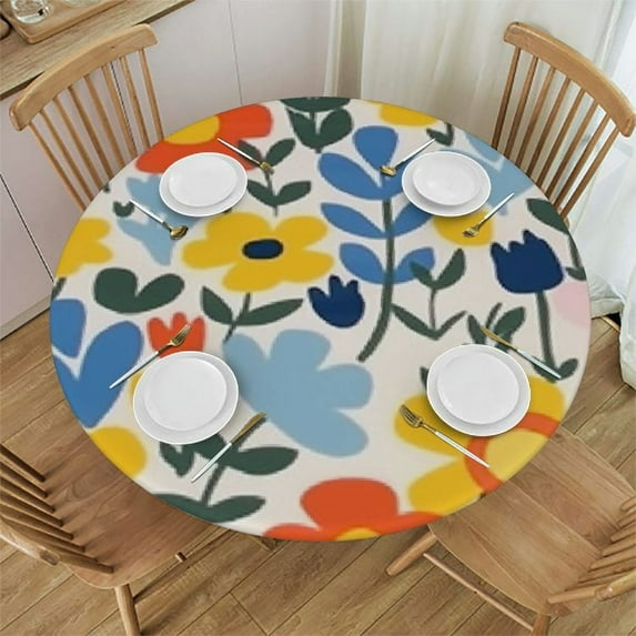 JEUXUS Colorful Floral Farmhouse Table Cover Yellow Orange Blue Green Flowers Round Table cover Spring Summer Fall Autumn Vintage Retro Rustic Washable Table Cover For Holiday Kitchen