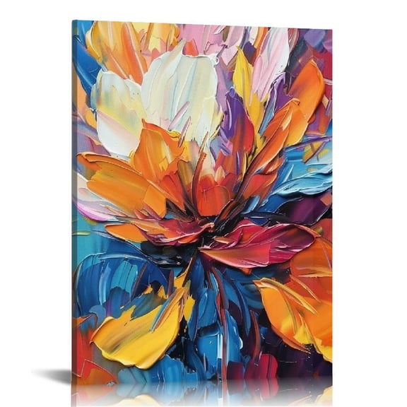 JEUXUS Colorful Flower Wall Art Floral Canvas Print Picture Framed Red Orange Minimalist Texture Abstract Artwork Decor Living Room Bedroom Ready to Hang