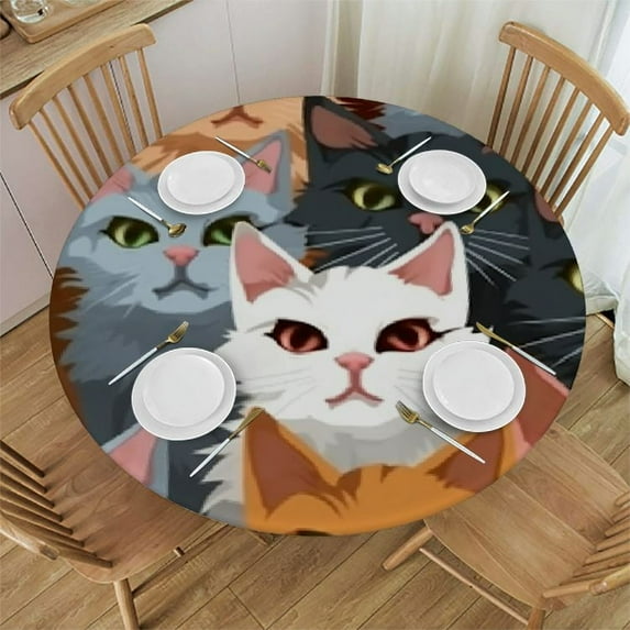 JEUXUS Colorful Funny Cats Kitten Animals Round Tablecloth with Elastic Edge Washable Decor Table Covers for Kitchen Dining Patio Parties