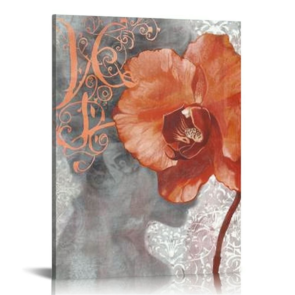 JEUXUS  Coral Color Canvas Wall Art Orchid Flower Painting Prints Love Faith Hope Pictures Wall Decor Framed Ready to Hang