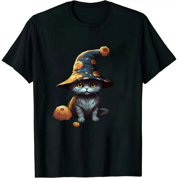 JEUXUS Cottagecore Cats Aesthetic Black Cat Mushroom Hat Kawaii T-Shirt