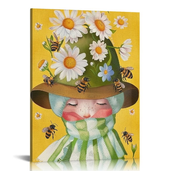 JEUXUS Country Daisy Gnome Canvas Prints Wall Art Decor Daisy Poster Painting Framed Artwork Summer Sign Rustic Home Shelf Wall Decoration