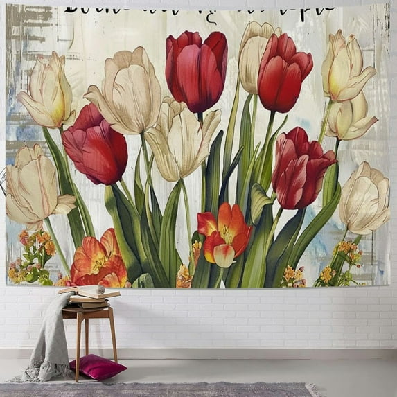 JEUXUS Country Farmhouse Spring Tulips Spring Sign Wall Decoration Tapestry Painting