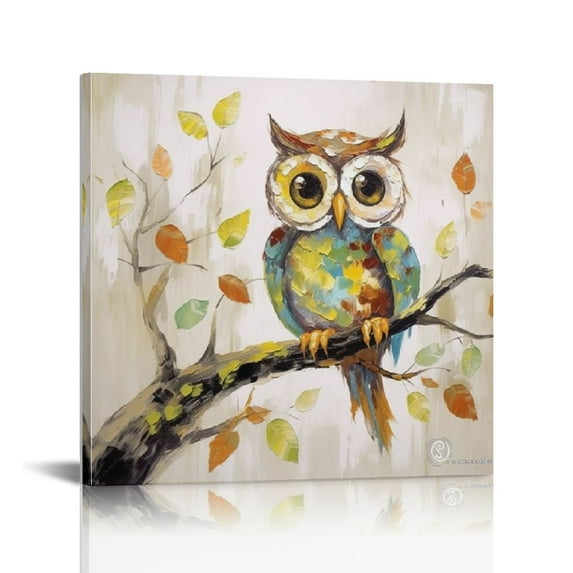 JEUXUS Curious Owl Painting for Wall, Quirky Cute Owl Picture Canvas Art for Living Room Bedroom Wall Decor, 16x16in, Gallery Wrapped