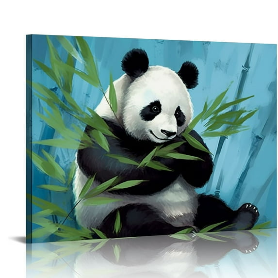 JEUXUS Cute Animal Canvas Wall Art Baby Panda Playing with Flower Pictures Print Chinese Style Painting Artwork Stretched and Framed Artwork for Kids Bedroom Living Room Nursery Decor