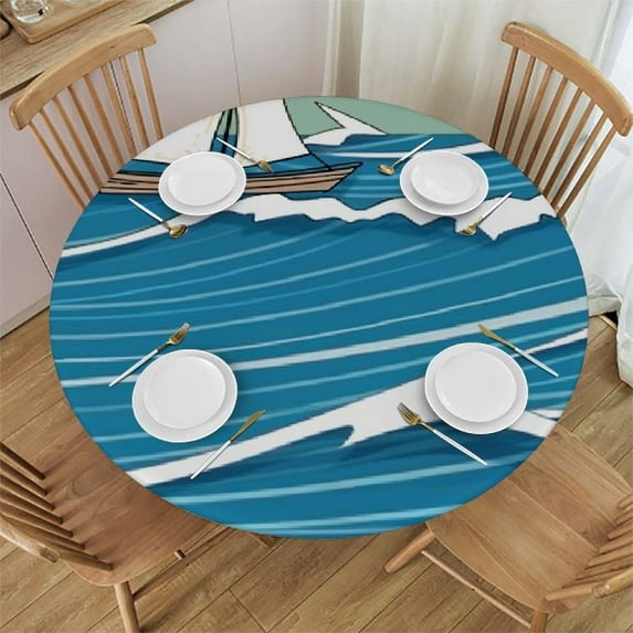JEUXUS Cute Boat in Waves Round Tablecloth 60 Inch,Waterproof Washable Resistant Table Cover Blue Sea Abstract Beach Table Clothes for Dining Table Christmas Halloween Holiday Decor