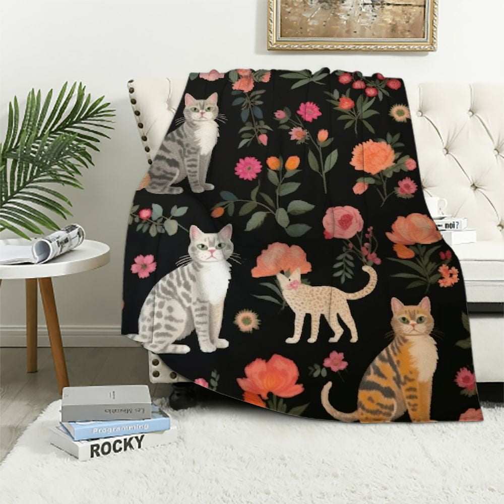 JEUXUS Cute Cat Blanket For Girls Women,Cartoon Kawaii Cats With Floral ...