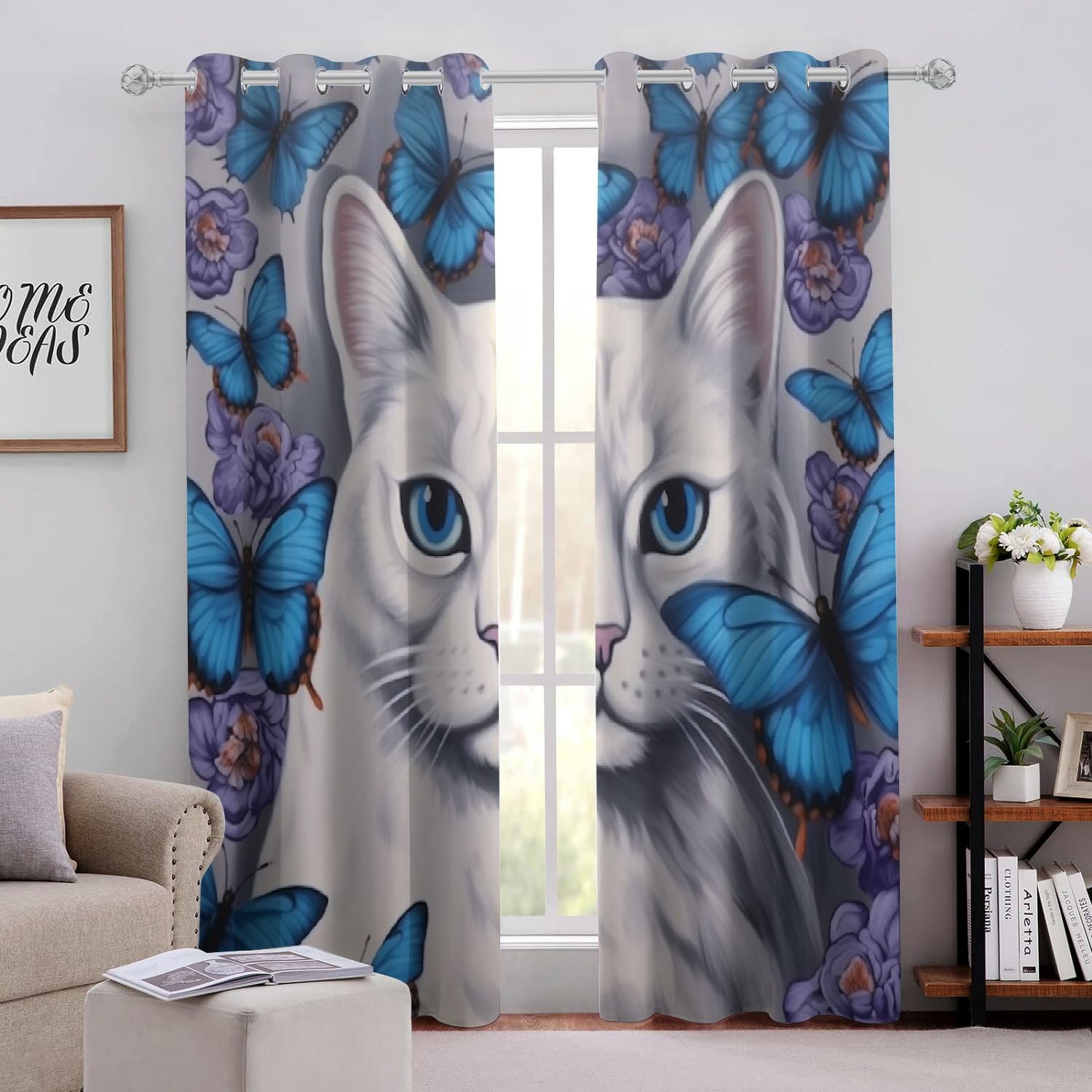 JEUXUS Cute Cat Butterflies Perforated Blackout Curtains 2Pack Light