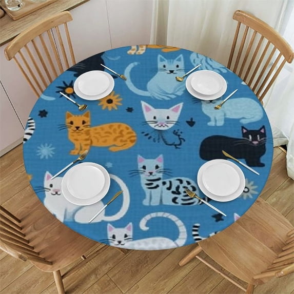 JEUXUS Cute Cat Set Round Fitted Tablecloth with Elastic Edge, Cat Pattern Table Cloth Waterproof Wipeable Round Table Cover for Indoor Outdoor Patio, Fits Tables up to Diameter