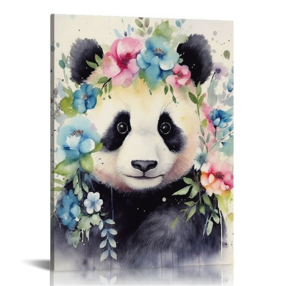 JEUXUS Cute Panda Canvas Print Wall Art for Kids Room, Watercolor Animal Panda Portrait Picture Paintings Vintage Framed Artwork for Bathroom Bedroom Living room Office Wall Decor
