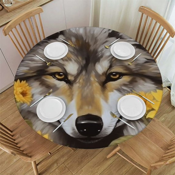 JEUXUS Cute Sunflower Wolf Round Table Cover Elastic Fitted Edged Tablecloth Waterproof Wipeable Table Covers for Indoor Outdoor Picnic and Camping Polyester Fibre Table Covers for Tables
