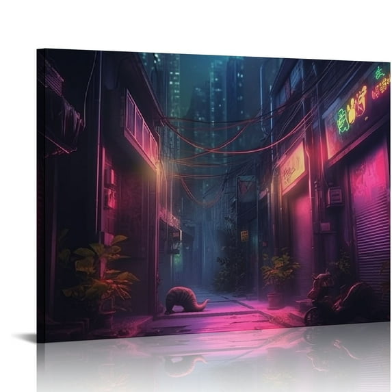 JEUXUS Cyberpunk Neon Alleyway Graffiti 4 Canvas Art - Home Decor Wall Art Print Poster Painting Large