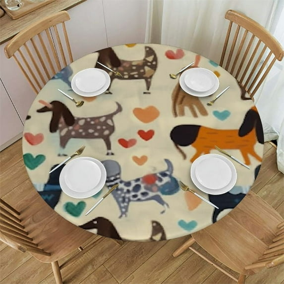 JEUXUS Dachshund Dogs Round Tablecloth ,Love Hearts Circle Table Cloth Polyester Waterproof Stain Free Table Cover for Home Kitchen Dining Party Pinic Patio Outdoor Decor