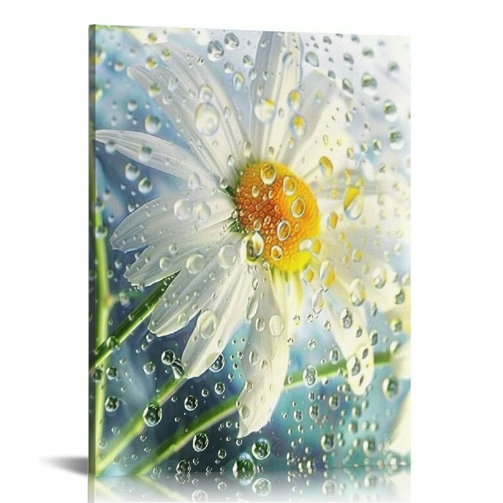 JEUXUS Daisy Flower Canvas Wall Art White Floral with Water Drop