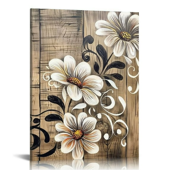 JEUXUS  Daisy Flower Wall Art Rustic Farm Floral Painting Artwork for Farmhouse Home Bedroom Bathroom Decor Vintage White Brown Flower Art Poster Kitchen Decor Easy Hanging