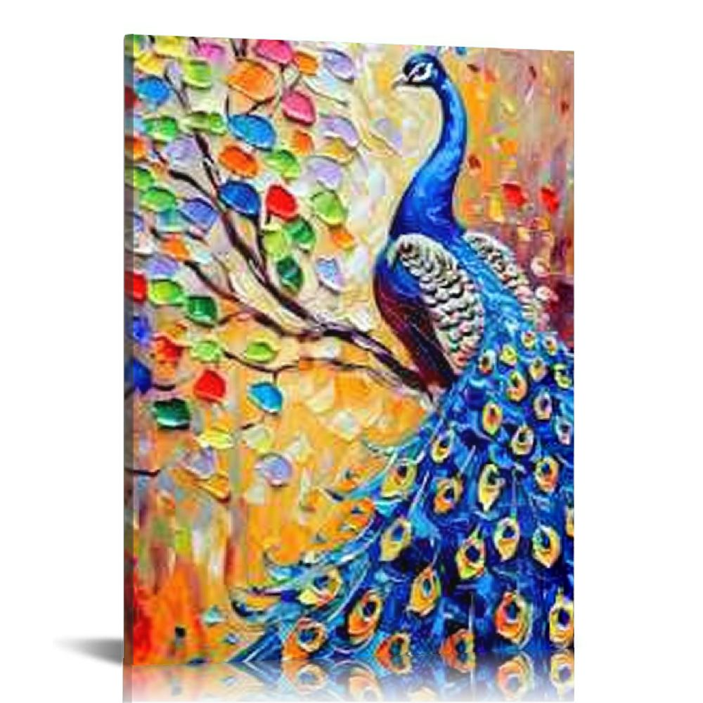 JEUXUS Dark Blue Peacock Canvas Wall Art Animal Bird Paintings 3D