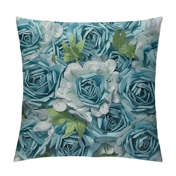 JEUXUS Decorative 3D Rose Flower Pillow Cover, Faux Fur Throw Pillow Covers, Throw Pillows for Bed Soft Square Sofa Pillow Covers for Sofa Bedroom Car (Blue, White, Silver)