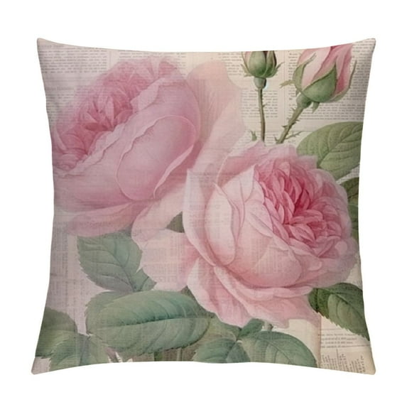JEUXUS  Decorative Romantic Rose Flower Pillow Cover Vintage Shabby Chic Peach Pink Rose Floral Cushion Cover Square  Pillowcase for Sofa Bedroom Car