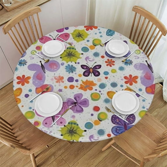 JEUXUS Decorative Round Fitted Tablecloth,Butterfly Elastic Edged Polyester Table Pad,Vibrant Flora Pattern Polka Dotted Vintage Print Table Cover, Fits Round Table 40", for Indoor Outdoor Patio Use