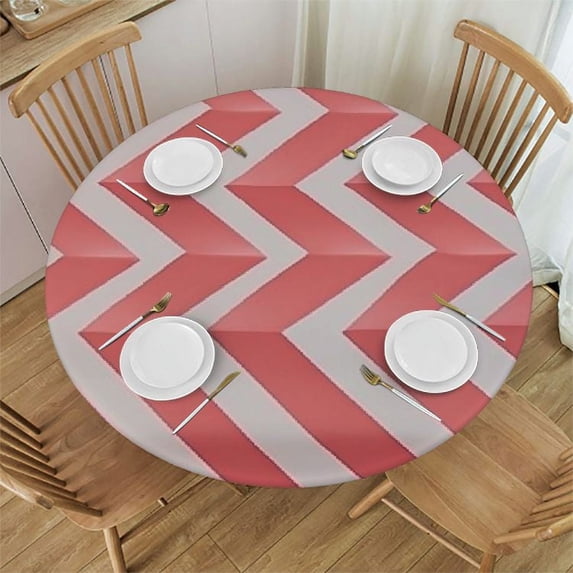 JEUXUS Decorative Round Table Cover Elastic Tablecloth, Coral Polyester Fitted Table Cover Elastic Edged, Retro Abstract Geometric Striped Pattern Print Fabric Table Cover, Fits Round Table