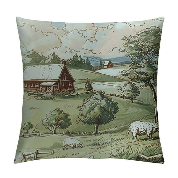 RUIYC Decorative Throw Pillow Cover Scenery Rural Old Hand Drawn Vintage Valley Cute Soft Cushion Cover Case for Couch Bedroom Car
