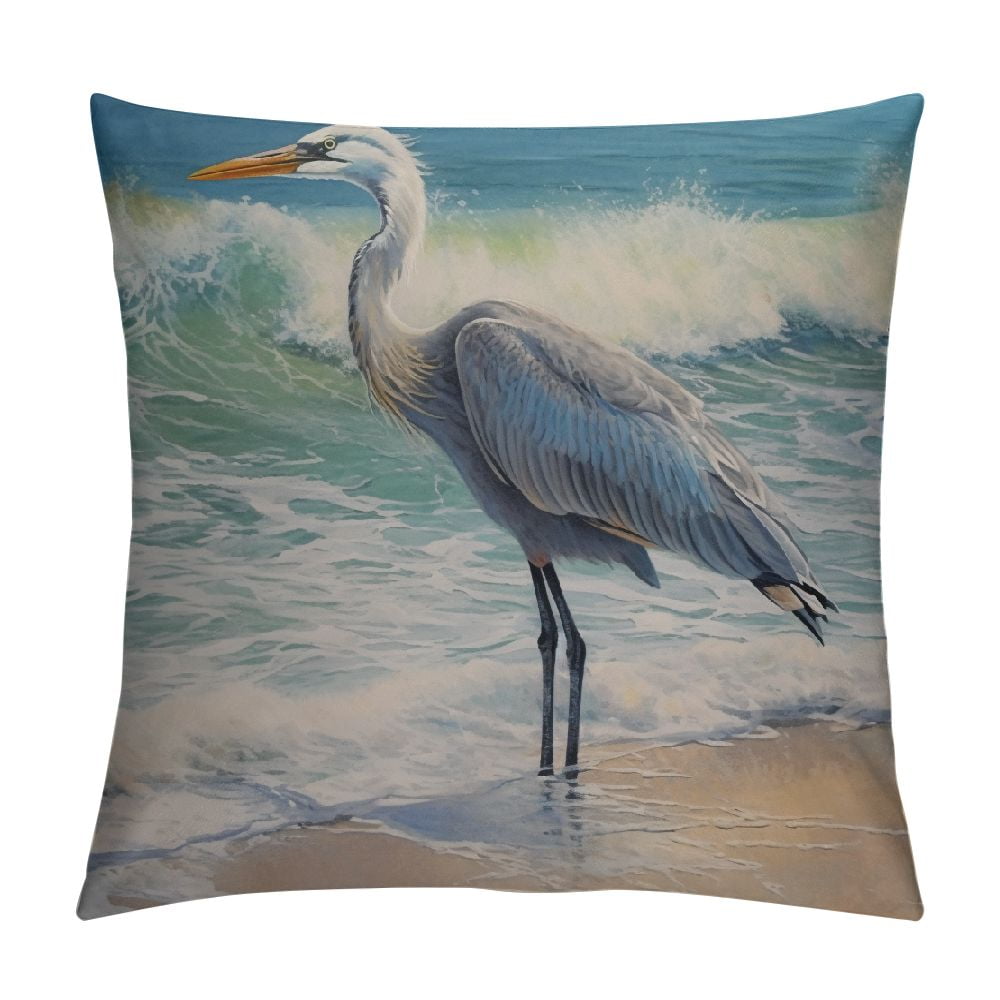 Heron Marshlands Pillow Cover 16x16 Inch - Watercolor Blue Heron Linen Cushion Case For Sofa, Patio, Home Decor
