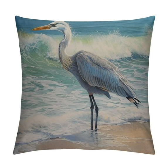 JEUXUS  Decorative Throw Pillow Cover Square  Blue Heron Beach Sea Wave Watercolor Painting Decor Pillowcase with Hidden Zipper Decor Cushion Covers