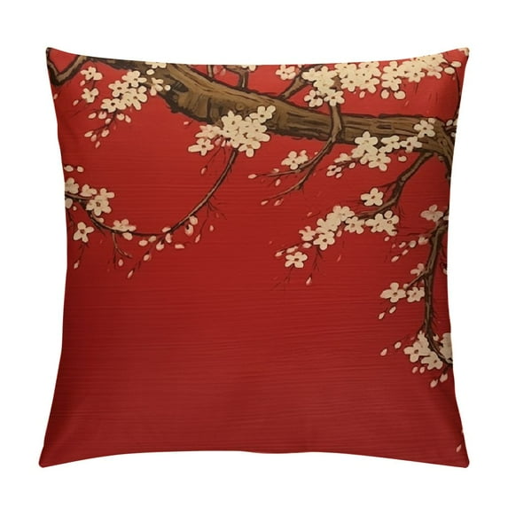 JEUXUS Decorative Throw Pillow Covers Cushion Case Watercolor Chinese White Black Blossom On Red Wooden Aged Japanese Old Thai Abstract Flower Wood Pillowcase for Couch Sofa Bed