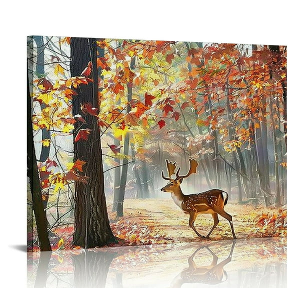 JEUXUS Deer Autumn Forest Wall Art for Living Room, Beautiful Sika Wild Animal in Morning Canvas Prints with Falling Leaves, Sweet Scenic Landscape Picture Decor (Waterproof Artwork)