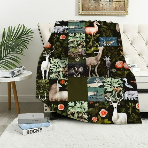 JEUXUS Deer Duck Cowhide All Season,Bed Blanket Hunting Camo Theme Plush Throw Blanket, for Kids Decor Wildlife Decor Flannel Blanket Green Wild Theme
