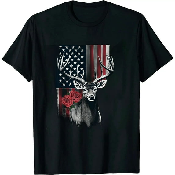 JEUXUS Deer Hunting Elk Santa Hat American Flag Christmas Gifts T-Shirt