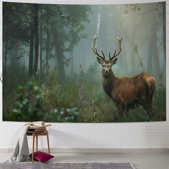 JEUXUS Deer Stag in Foggy Autumn Forest Photo Photograph Deer Art Tapestry Painting