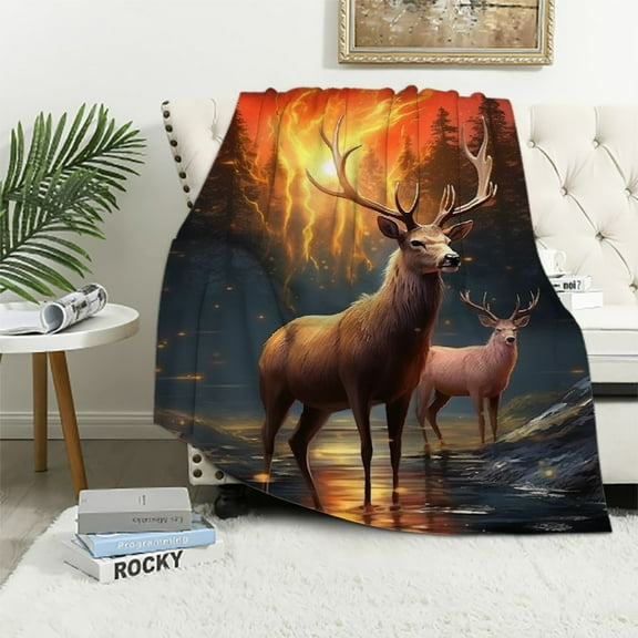 JEUXUS  Deer Throw Blanket,Wildlife Throw Blanket,Rustic Cabin Decor Woodland Blanket for Bedroom Sofa Couch Gift for Hunting Lover Deer Hunting Blanket Decor