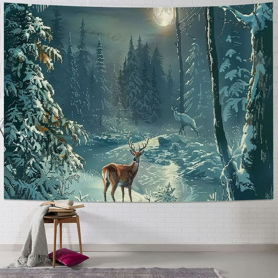 JEUXUS Deer in Snowy Winter Night Forest Whitetail Deer Photo Deer Art Deer Pictures Tapestry Painting
