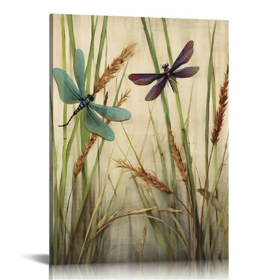 JEUXUS Dragonfly Canvas Wall Art Decor Vintage Insect Dragonflies Dandelion Picture Print on Canvas Modern Animal Artwork Framed for Bedroom Bathoom Ready To Hang 16x20Inch