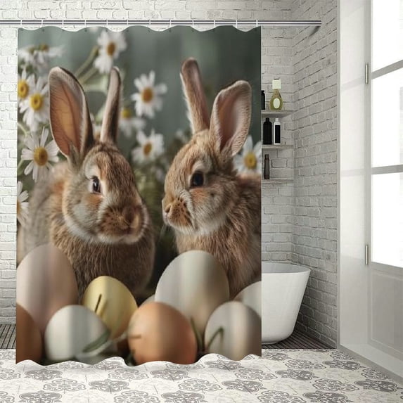 JEUXUS Durable and Washable Modern Bunny Easter Eggs Rabbit Shower Curtain Multiple Sizes White